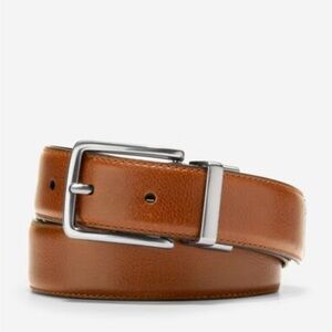Cole Haan NWT COGNAC BROWN-NAVY BLUE Leather Belt with Silver Buckle